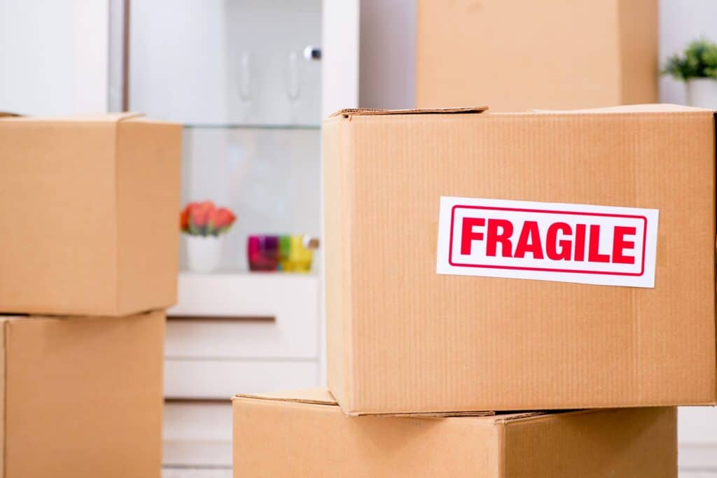 A cardboard labelled as 'Fragile' items