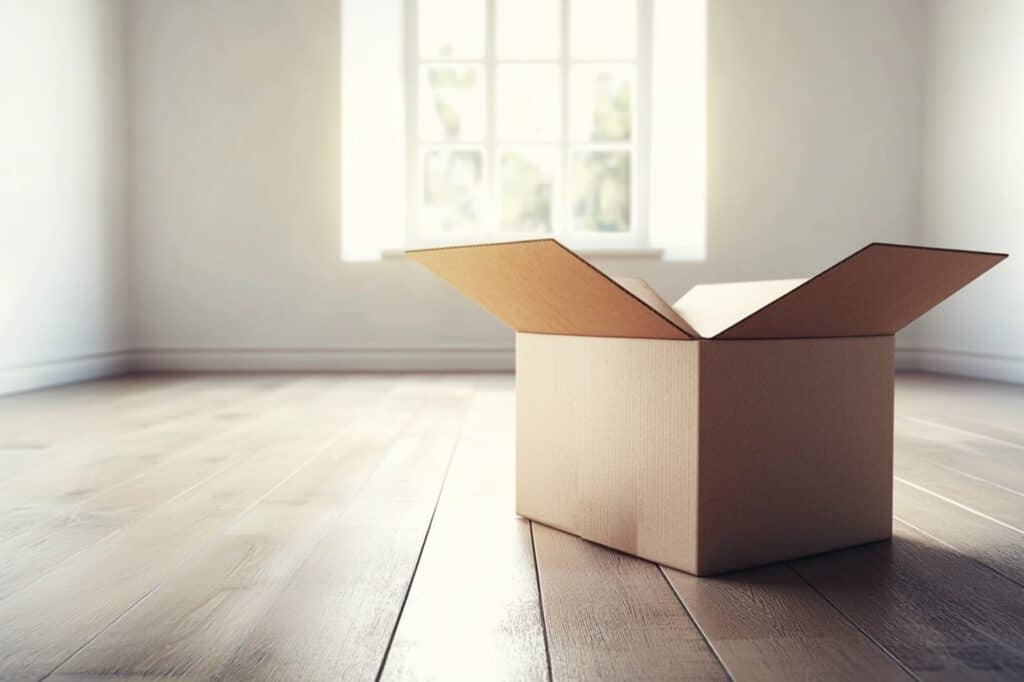 An opened box on the floor in an empty flat in the concept of 'how to save money when moving to Wimbledon'.